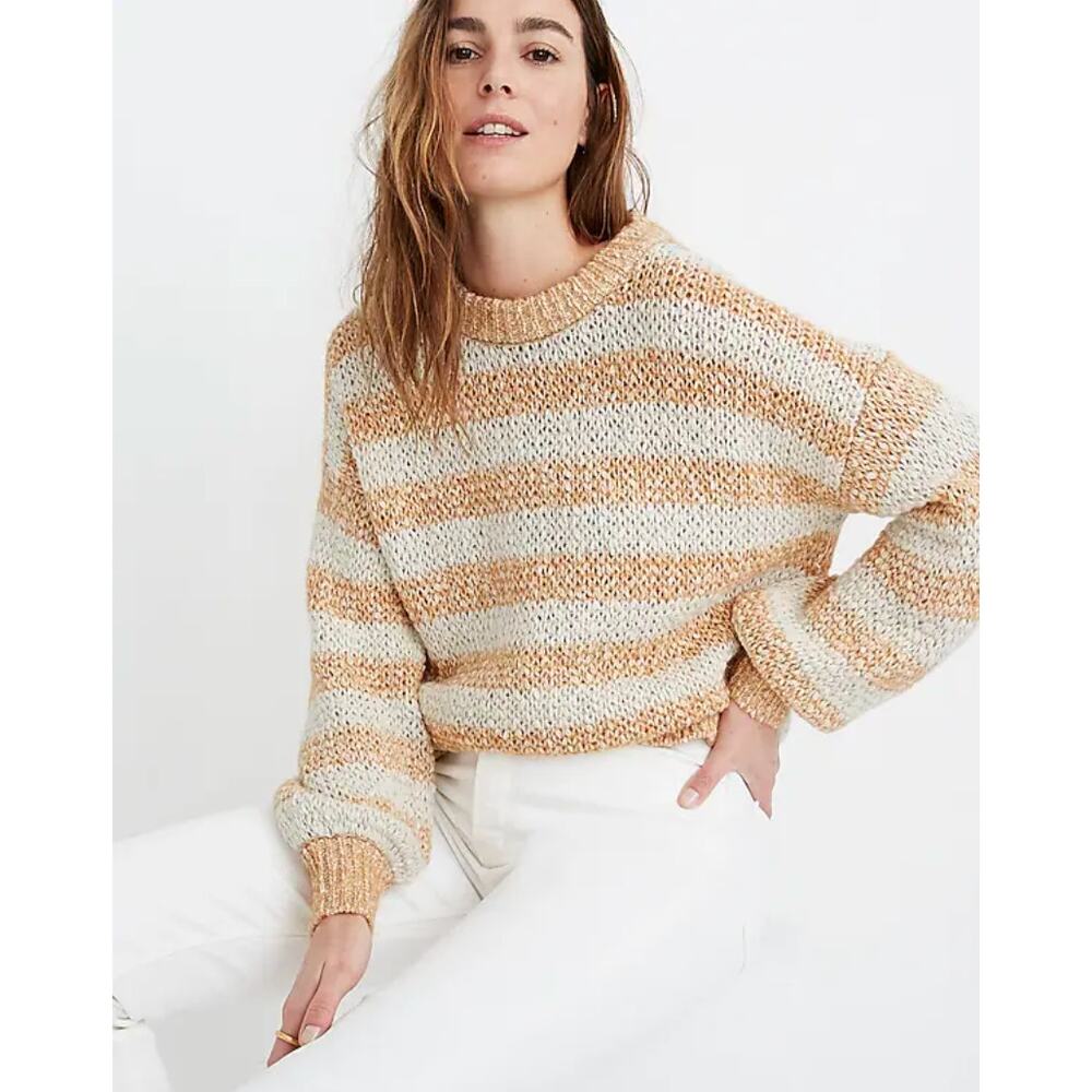 Madewell NWT Caramel Striped Crewneck Sweater XXS Balloon Sleeve Knit‎ Cotton